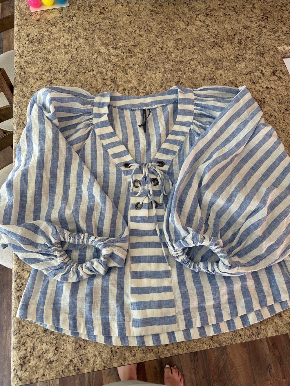 Anthropologie Blue and White Striped Lace-Up Peasant Blouse